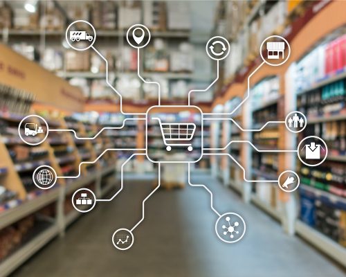 Retail marketing channels E-commerce Shopping automation concept on blurred supermarket background