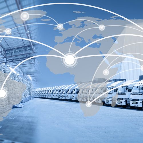 Global network coverage world map,Truck with goods distribution warehouse for Logistic Import Export at yard (Elements of this image furnished by NASA)